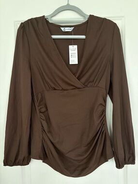 Cupshe Brown Long-Sleeve Faux-Wrap Blouse